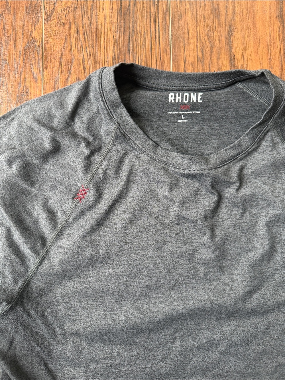 RHONE Men's Long Sleeve Crew in Charcoal Gray with Red Logo